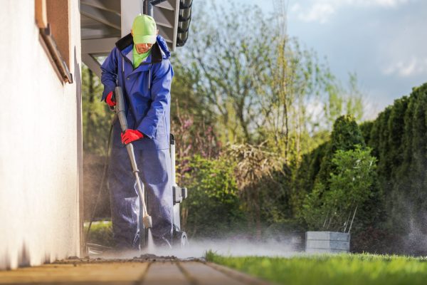 Cleaning House Backyard Brick Paths Using Pressure Washer. Caucasian Men and the Spring Maintenance.